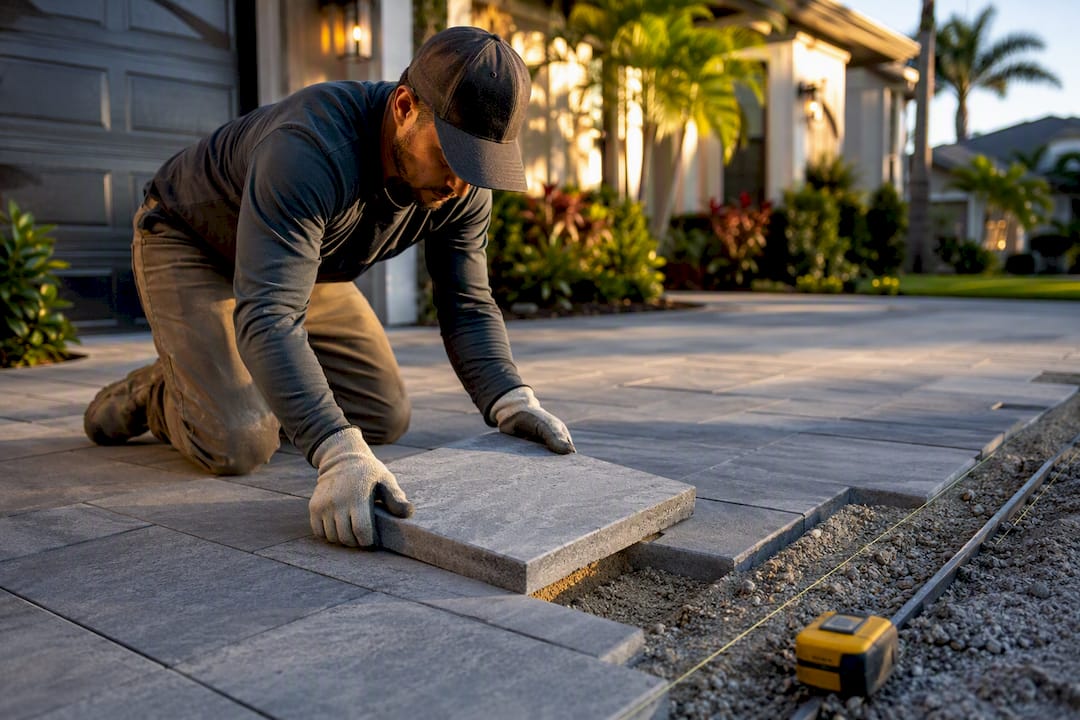 Installer setting residential driveway pavers in Tampa